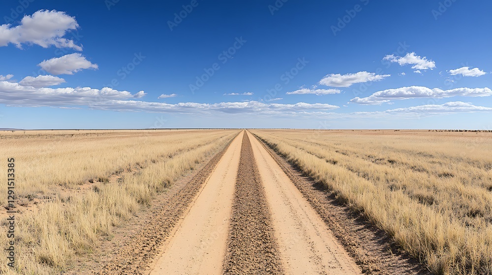 A long straight dirt road travels through an open grassland landscape A long straight dirt road travels through an open grassland landscape