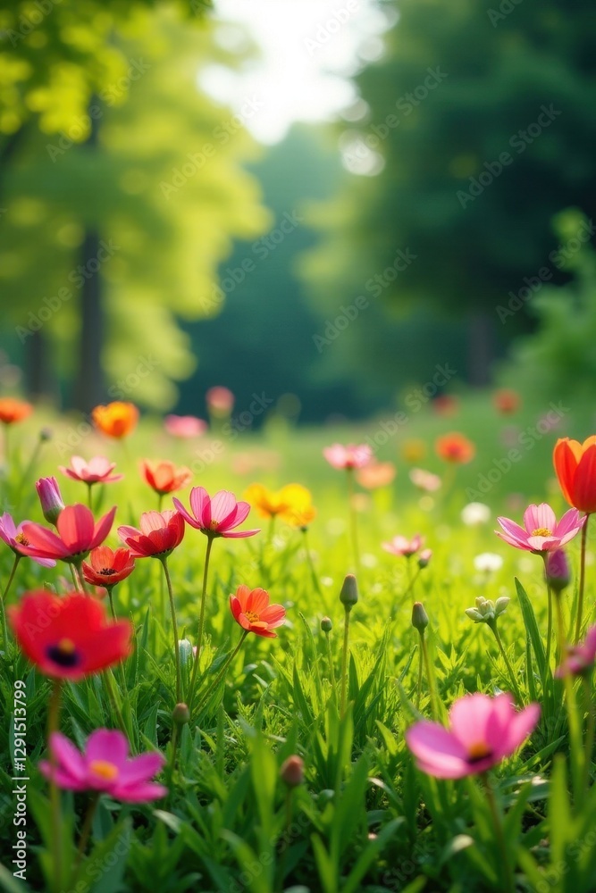 Vibrant blooms burst forth, lush green lawn, summer sun , daylight, picturesque Vibrant blooms burst forth, lush green lawn, summer sun , daylight, picturesque