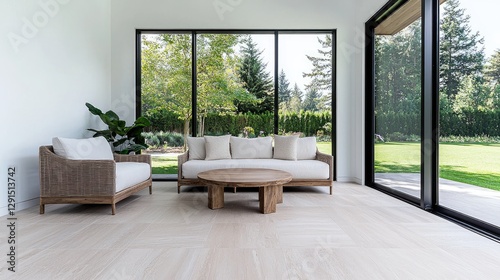 Modern sunroom interior featuring a minimalist sofa, armchair, and wooden coffee table overlooking a lush green garden during daytime.