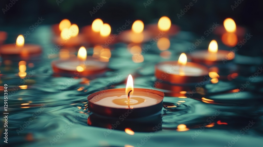 Burning Candles Float Gently Upon Calm Reflective Water Surfaces