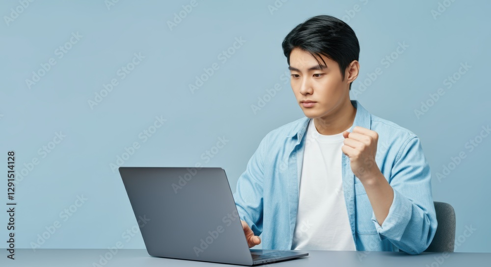 Asian young male working on laptop with focused expression Asian young male working on laptop with focused expression