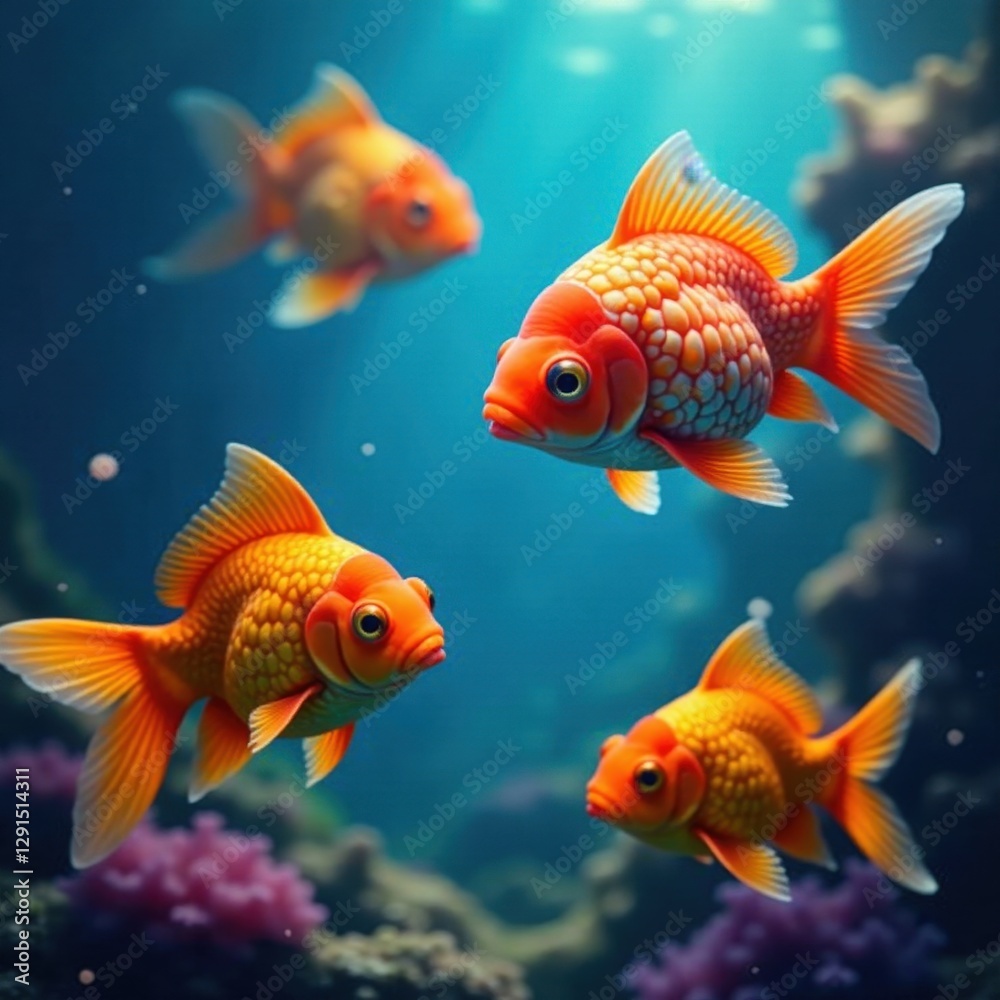 Fototapeta premium Vibrant brain fish & goldfish swim amidst blue , colorful background, aquatic, pet