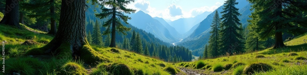 Dense forest with towering spruce trees and a carpet of moss, greenery, alaskan valley, blue sky Dense forest with towering spruce trees and a carpet of moss, greenery, alaskan valley, blue sky