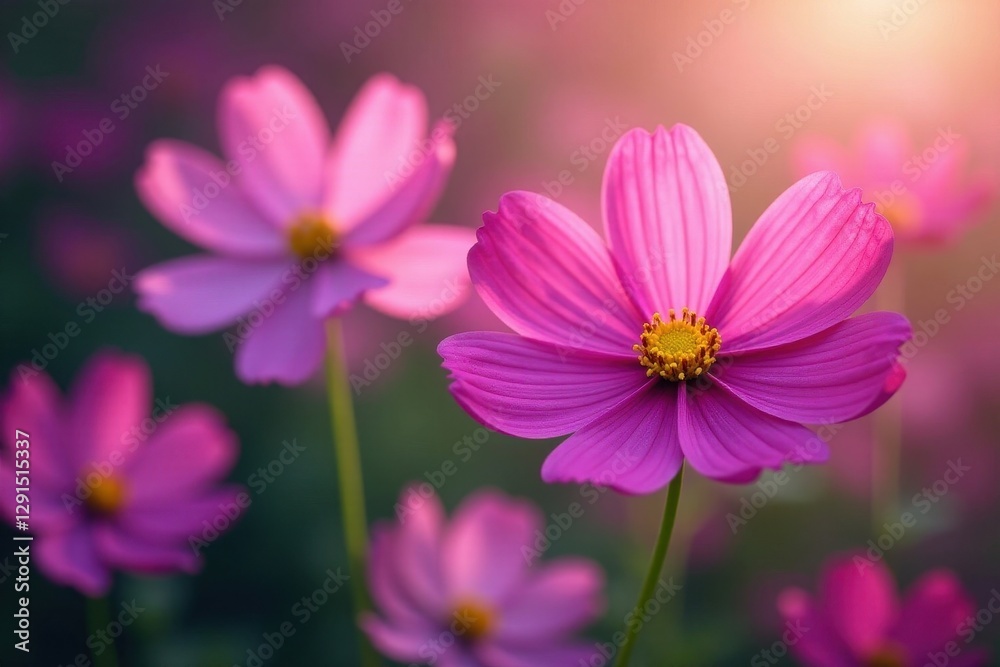 Obraz premium Vibrant pink & purple cosmos in full bloom, soft focus , wallpaper, backdrop