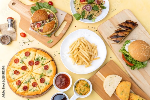 Wallpaper Mural Variety of delicious food, pizza, burgers, fries, pasta. Top view. Torontodigital.ca