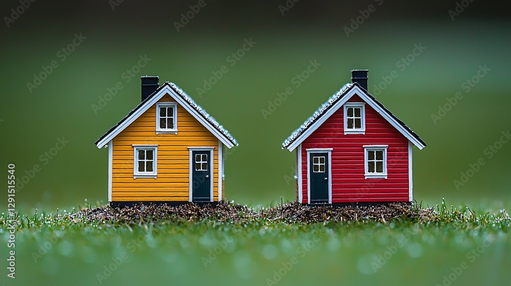 Two colorful miniature houses on grass. Real estate choice concept Two colorful miniature houses on grass. Real estate choice concept