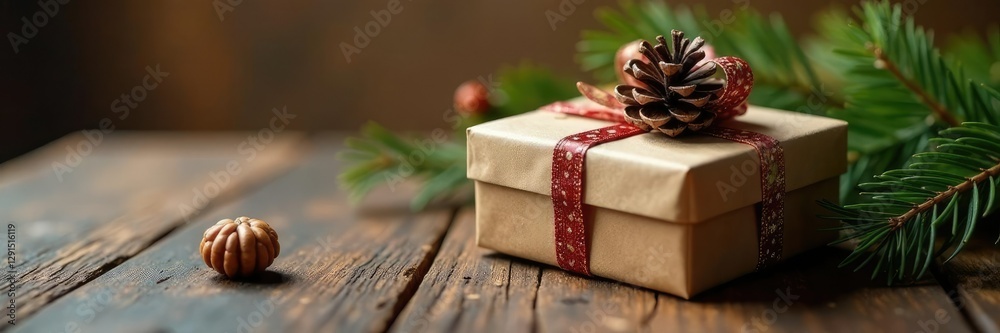 Gift box and pine cone on a rustic wooden table, present, cone Gift box and pine cone on a rustic wooden table, present, cone