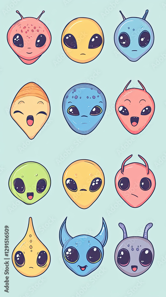 Kawaii alien faces in minimalistic style, featuring various expressions and colors Kawaii alien faces in minimalistic style, featuring various expressions and colors