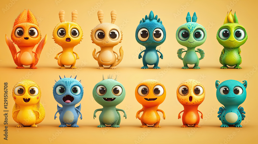 Fototapeta premium Collection of cute cartoon aliens with big eyes and playful expressions