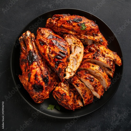 BBQ butterfly chicken with sliced pieces styled on black plate