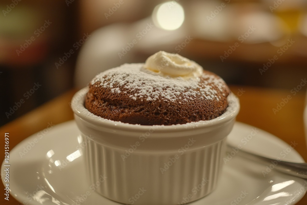 Chocolate Soufflé with Whipped Cream Topping in White Dish Chocolate Soufflé with Whipped Cream Topping in White Dish