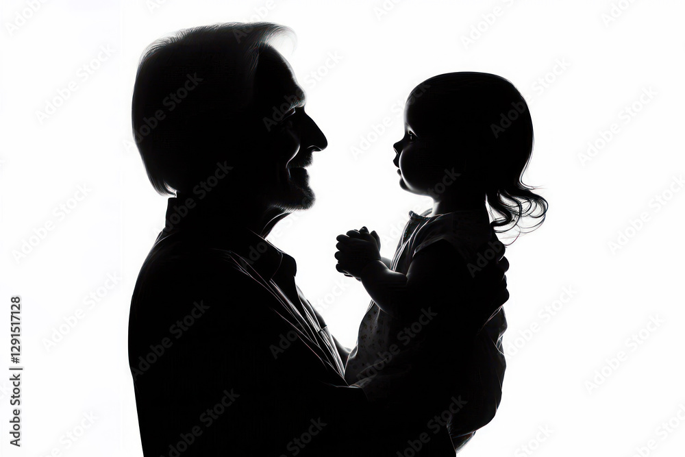 Silhouette of a old man grandfather with a baby in her arms on a white background Silhouette of a old man grandfather with a baby in her arms on a white background