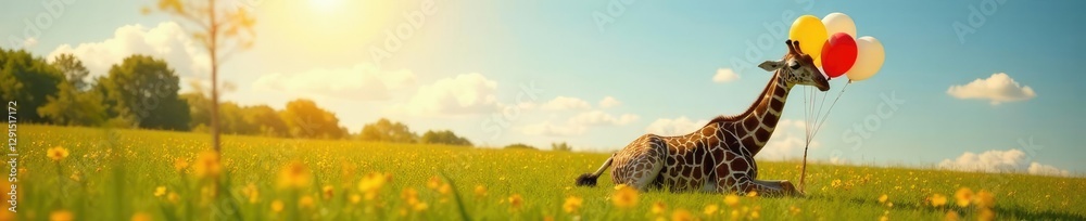 Obraz premium Giraffe lies down in sunny meadow with balloons tied to its back, giraffe, scenery, peaceful