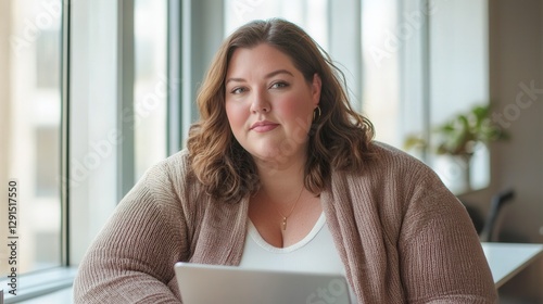 Free Download Confident woman with laptop at modern office window, reflecting career ambition & success. Ideal for corporate presentations,leadership,female empowerment. - GFXLoad