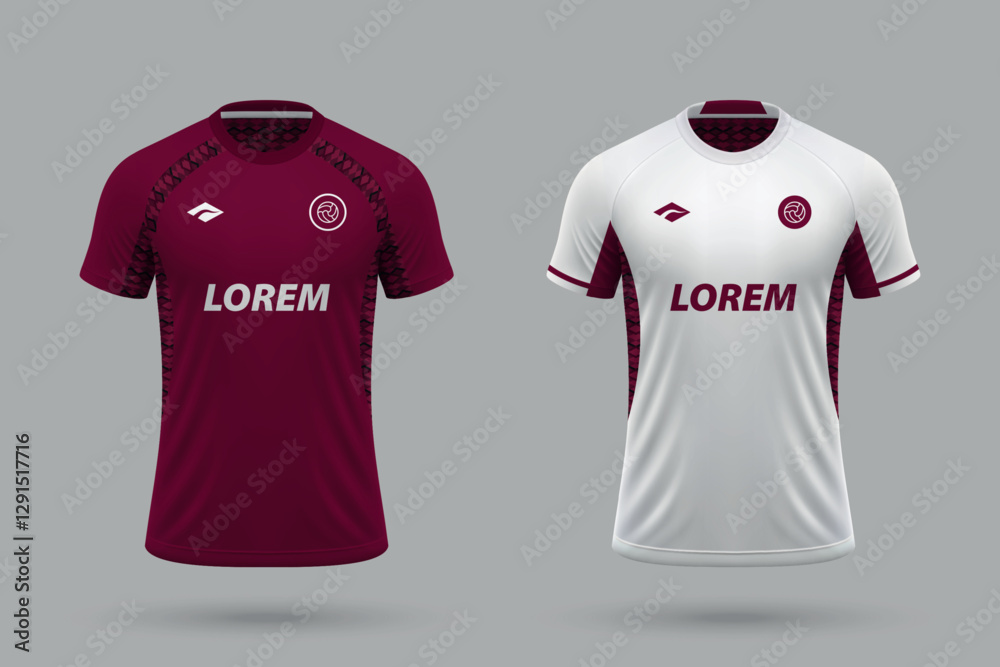 3d realistic soccer home and away jersey in style, football kit template