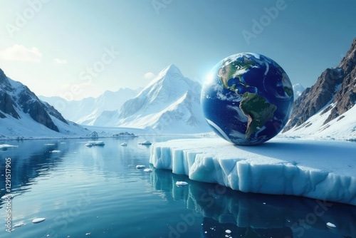 Glacial landscape with Earth on iceberg, serene, landscape, planet