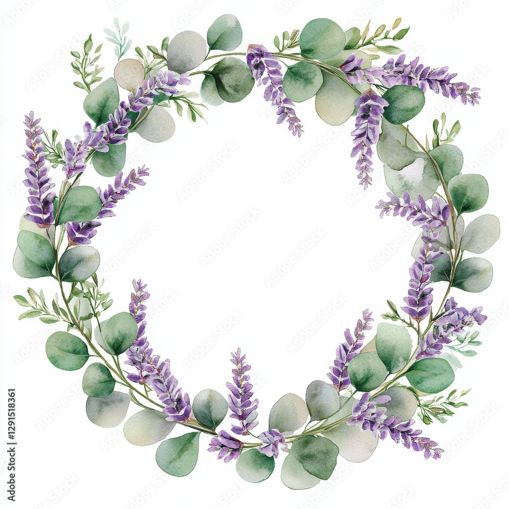 Fototapeta premium Delicate floral wreath featuring lavender and eucalyptus leaves, perfect for invitations or decor. This watercolor illustration adds touch of elegance and nature to any design