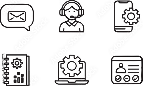 Support chat vector illustration icons set. Help line or contact icon in flat outline and editable stroke line art.