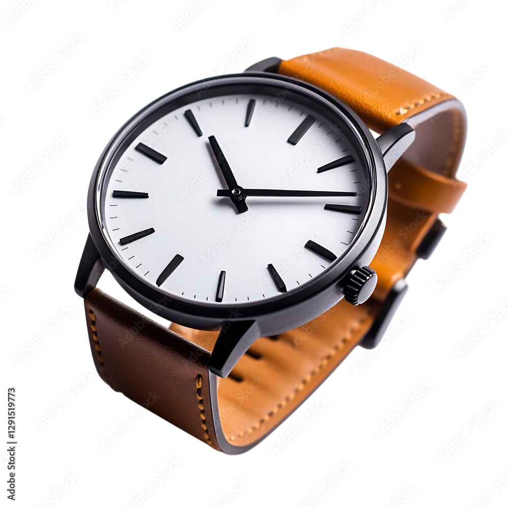 A Modern Wristwatch with a Sleek Leather Strap Isolated on Transparent Background