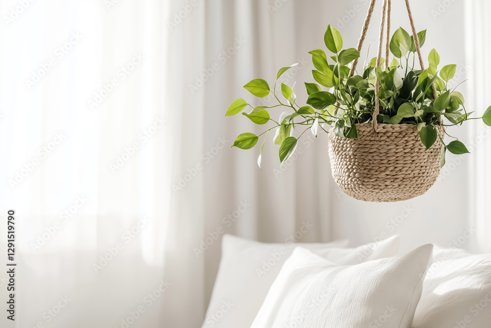 Fototapeta premium A cascading pothos plant in a hanging basket, set against a bright white minimalist backdrop with subtle natural textures