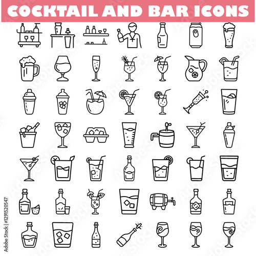 Cocktail Bar Icons Drinks, Glasses, Equipment, and Mixology