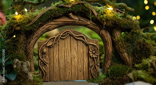 Enchanted wooden door in mossy forest setting with twinkling lights at dusk
