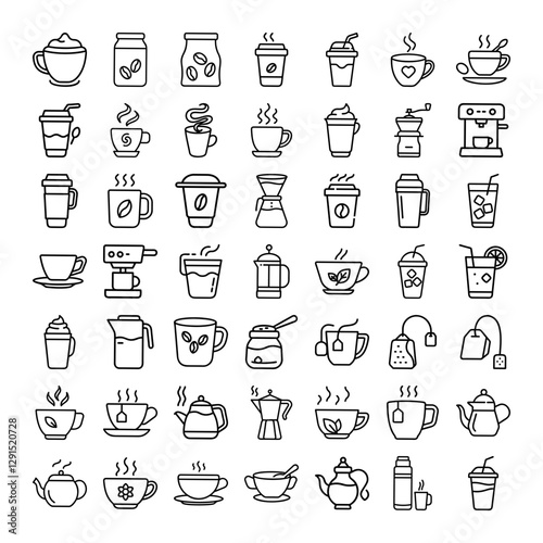 Coffee, Tea, and Hot Beverages Icons, Cups, and Makers