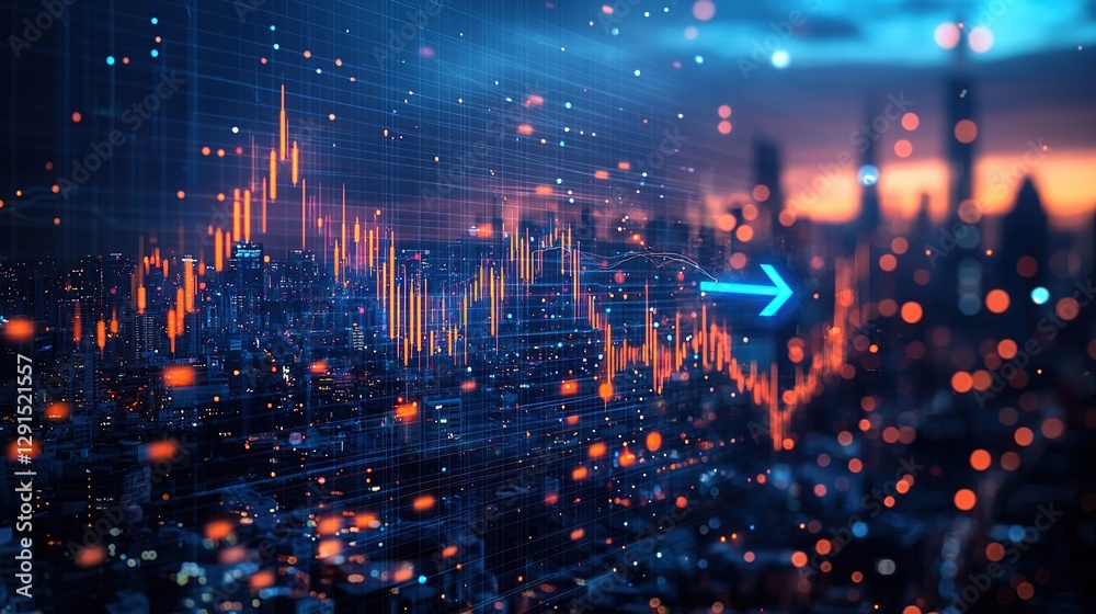 Obraz premium Digital financial data visualizations over a vibrant city skyline at dusk
