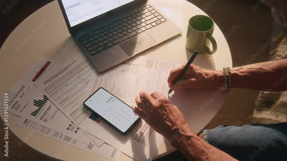 View from above of unknown senior woman calculating utility costs using application on smartphone and writing numbers on paper while sitting at round table with bills and laptop