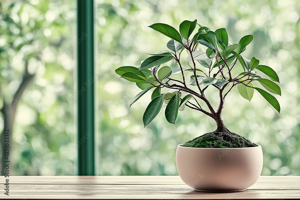 A close-up of a delicate bonsai tree in a small, modern pot on a simple wooden table, accompanied by the soft glow of natural light coming through a large window A close-up of a delicate bonsai tree in a small, modern pot on a simple wooden table, accompanied by the soft glow of natural light coming through a large window