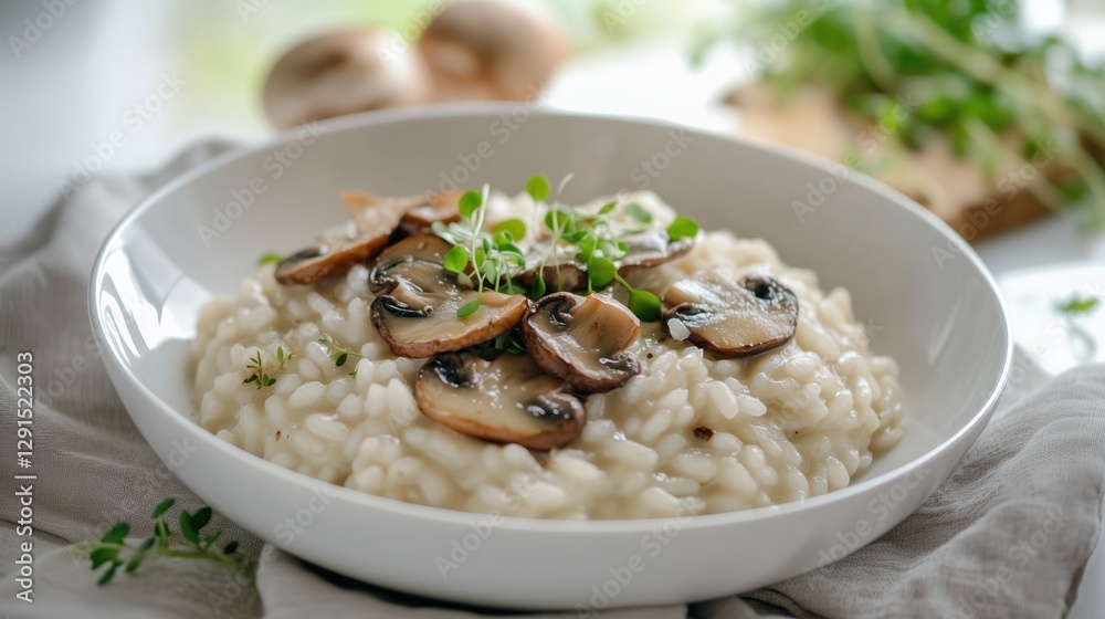 Creamy mushroom risotto garnished with fresh thyme in a white bowl Creamy mushroom risotto garnished with fresh thyme in a white bowl
