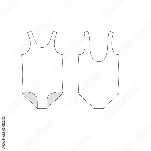 Technical drawing of children's clothing basic piece swimsuit for girls, white color, vector. Swimsuit bodysuit template for swimming, dancing, ballet, front and back view. 