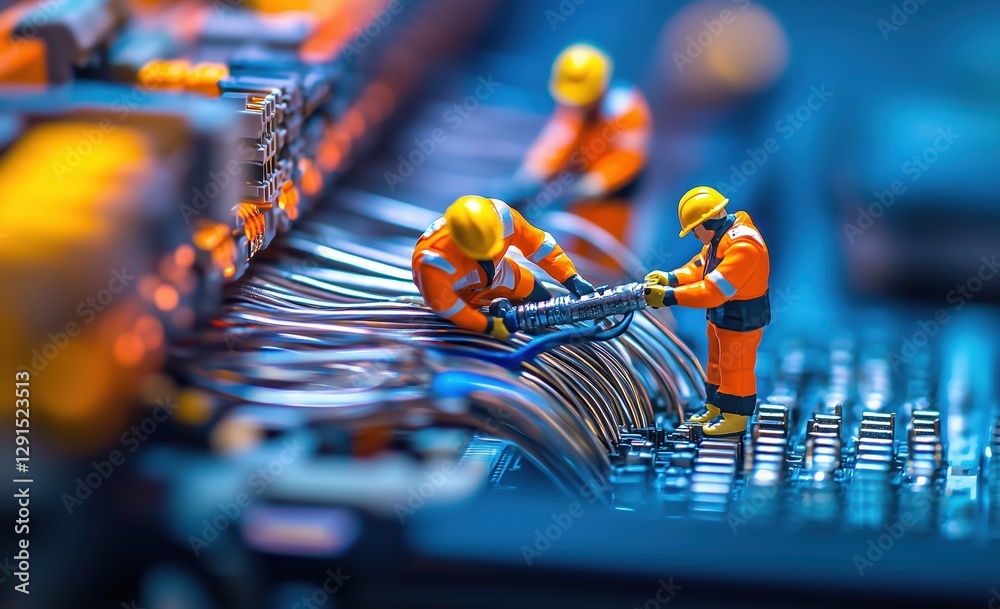 miniature workers fixing cables on a circuit board