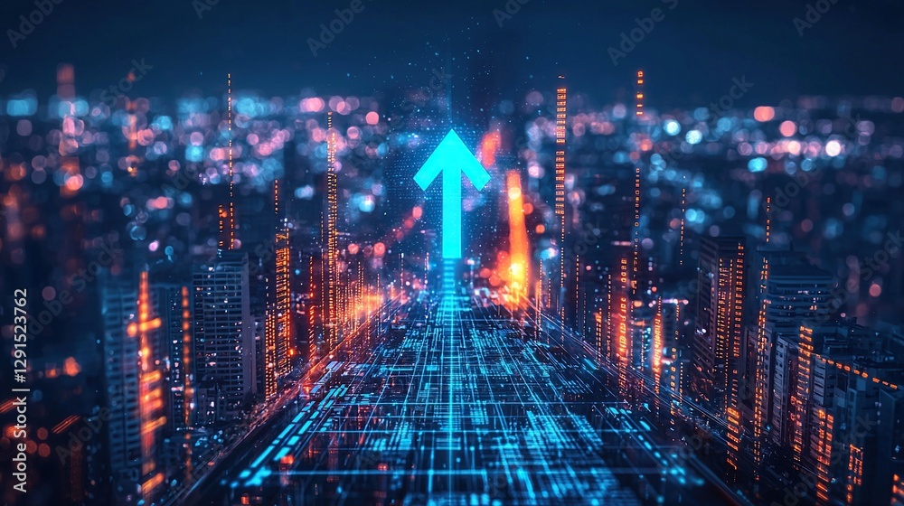 Fototapeta premium Digital cityscape with glowing blue arrow indicating progress at night
