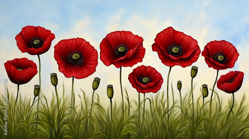 Fototapeta premium Red Poppies In A Meadow Against Cloudy Sky