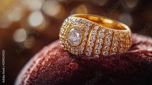 Elegant Gold Ring Adorned with Sparkling Diamonds on Plush Background