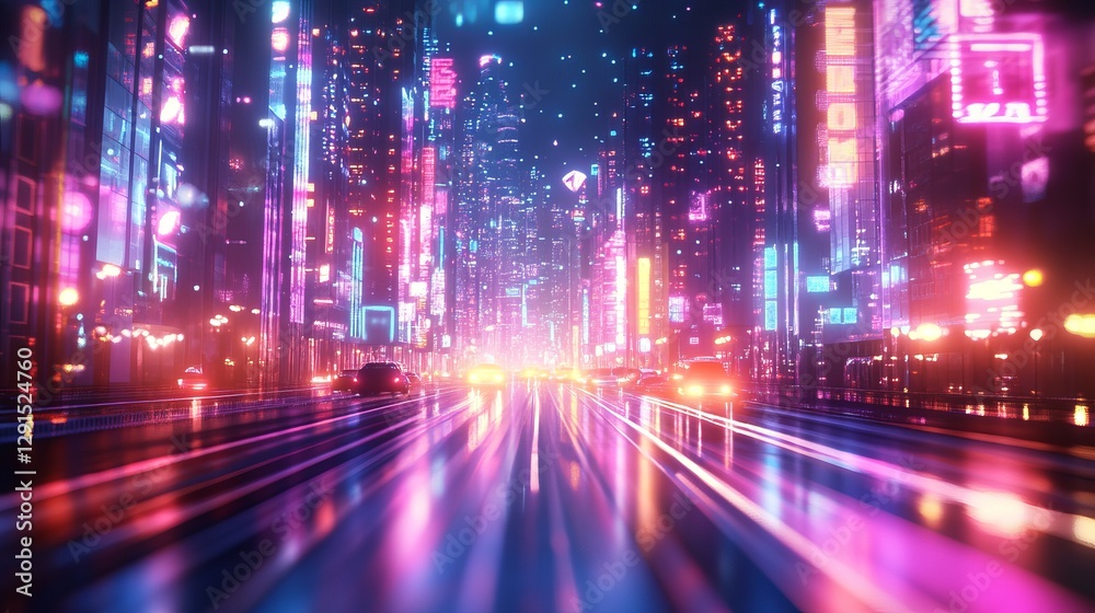 Abstract colorful futuristic night city background with neon signs and long exposure light trails 3D render 3D illustration Abstract colorful futuristic night city background with neon signs and long exposure light trails 3D render 3D illustration