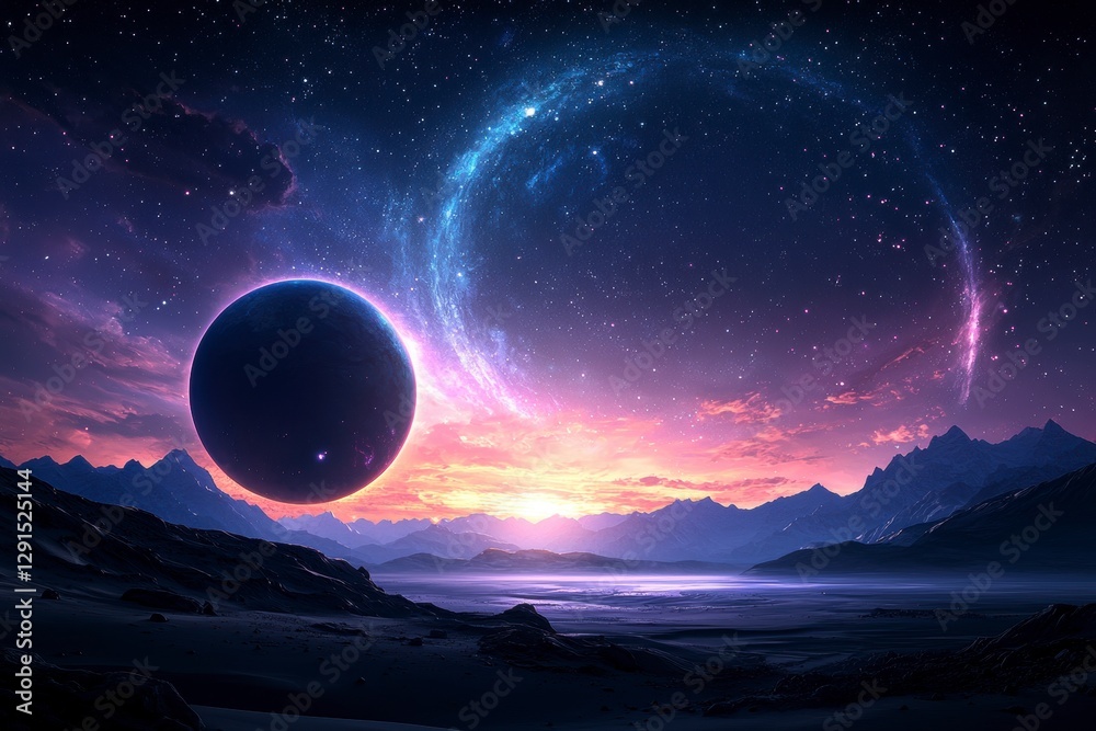 Captivating image of a vibrant planet hanging in the sky with a backdrop of deep blue night and shimmering stars Captivating image of a vibrant planet hanging in the sky with a backdrop of deep blue night and shimmering stars