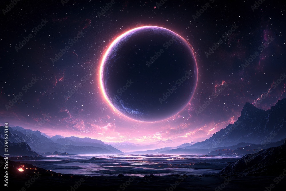 Stunning view of a colorful planet in the sky surrounded by twinkling stars amidst a dark night background Stunning view of a colorful planet in the sky surrounded by twinkling stars amidst a dark night background