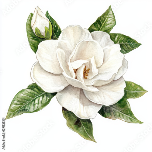 beautiful gardenia flower with lush green leaves, showcasing its delicate white petals and intricate details, perfect for botanical illustrations and floral designs