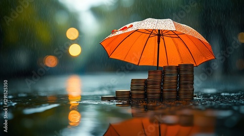 Wallpaper Mural Rainfall creates reflections on stacked coins with an umbrella providing shelter in a vibrant urban setting Torontodigital.ca