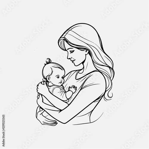 Loving Mother Holding Baby, Tender Family Bond Illustration, Beautiful Mother and Child Sketch, Parenthood and Love, Gentle Mother Embracing Baby, Line Art Family Illustration