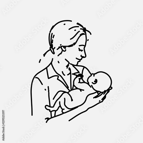 Loving Mother Holding Baby, Tender Family Bond Illustration, Beautiful Mother and Child Sketch, Parenthood and Love, Gentle Mother Embracing Baby, Line Art Family Illustration