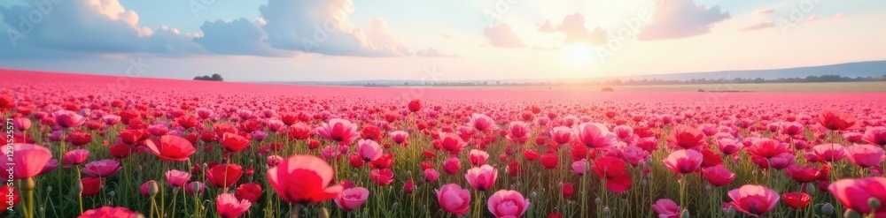 Obraz premium Soft pink poppy fields stretching across the sky, colorful, landscape