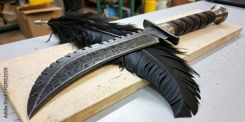 Unique curved blade rests on wooden surface with black feathers in workshop setting