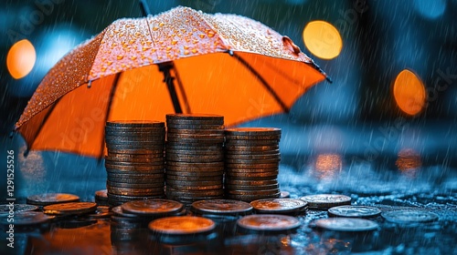 Rainy day savings protected by an umbrella over stacks of coins in a city setting during a stormy evening
