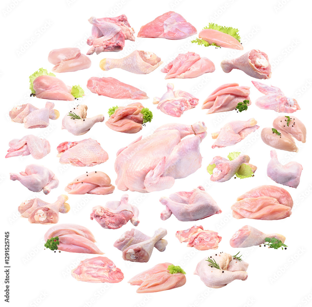 Chicken meat collection on white background isolated