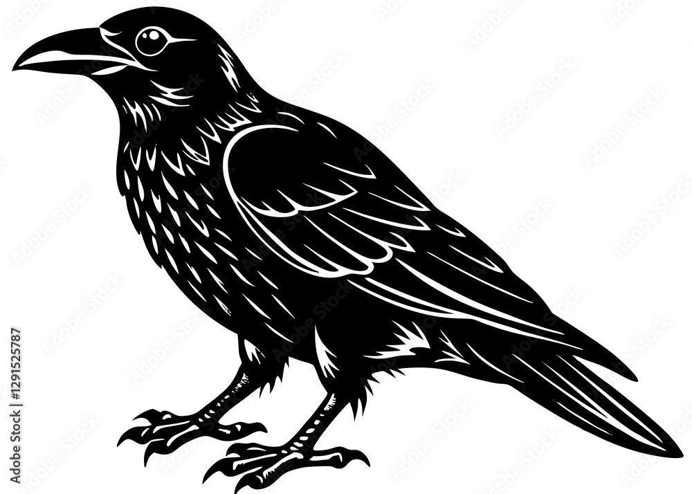 Fototapeta premium Black and White Raven Illustration – Woodcut Style Crow with Detailed Feathers and Gothic Aesthetic