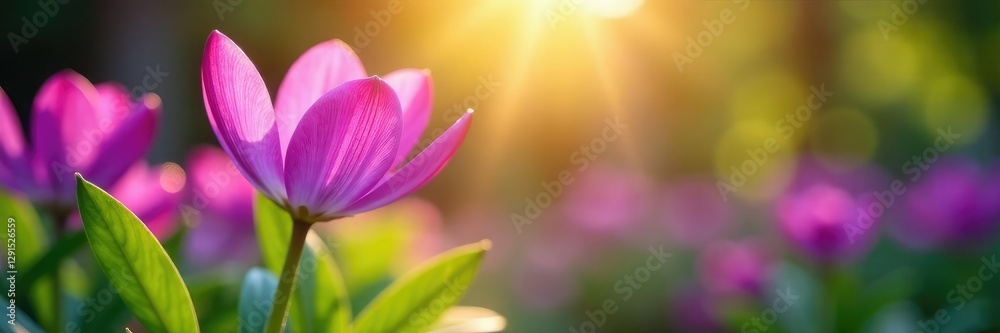 Fototapeta premium Soft purple petals unfolding in morning light, garden scene, sunlight filtering