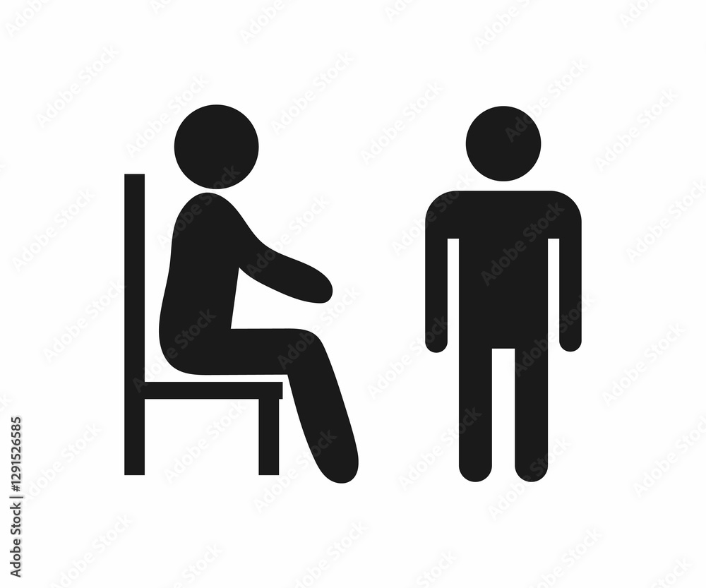 Simple black and white icon depicting a person sitting in a chair and a person standing. Simple black and white icon depicting a person sitting in a chair and a person standing.
